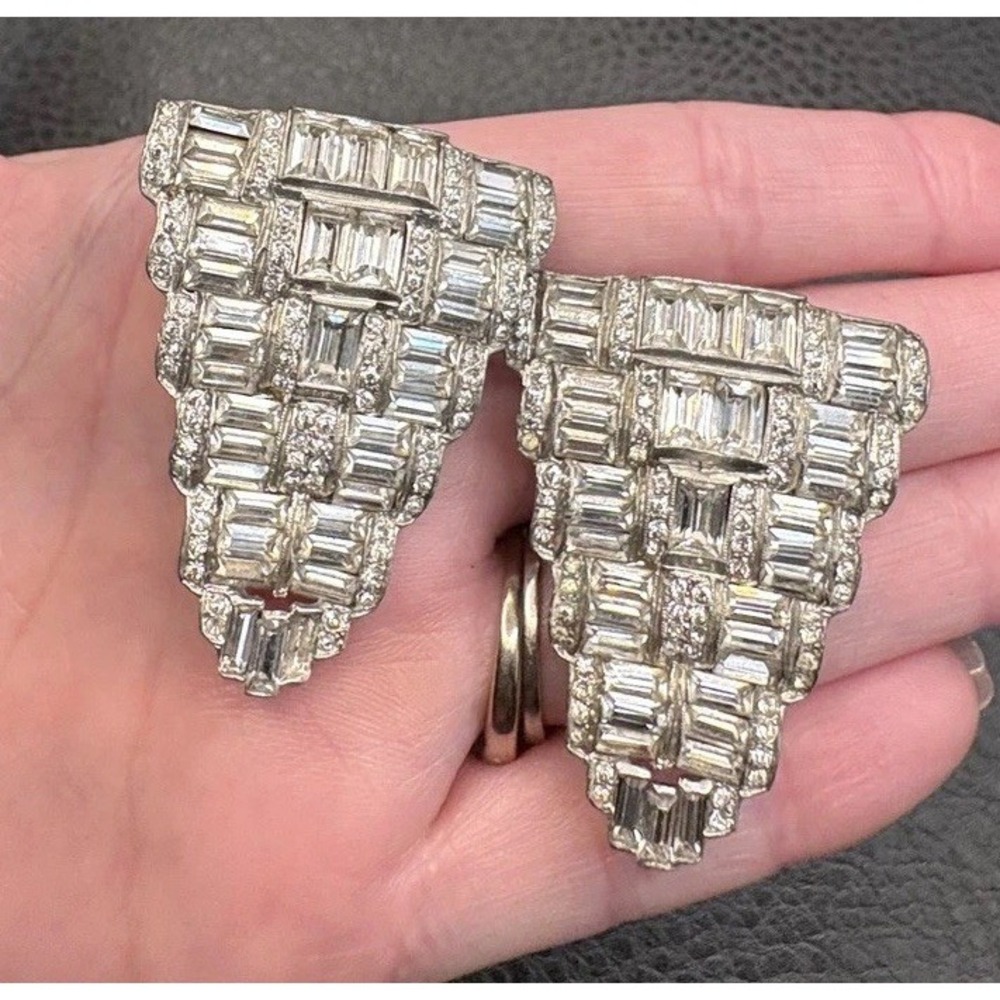 Vintage Set Of 2 Art Deco Baguette Rhinestone Dress Clips Pair Silver Tone READ